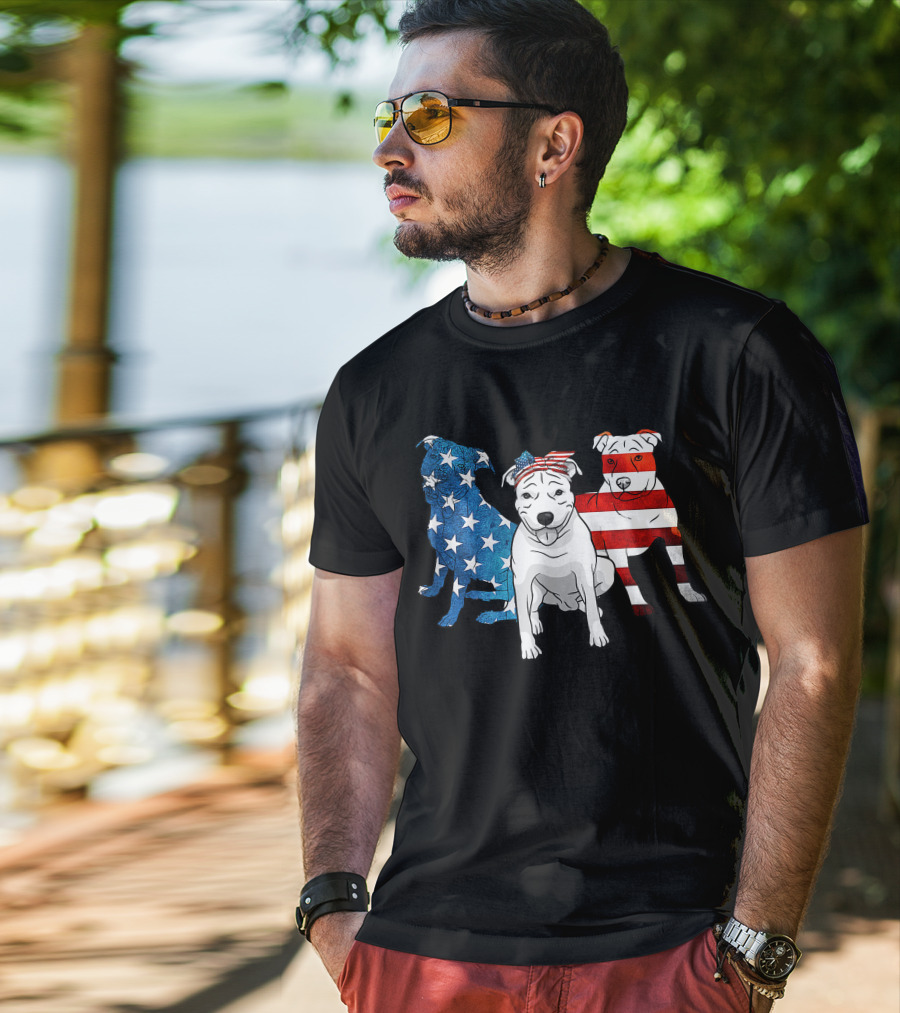 American Pitbull Trio With US Flag T-Shirt