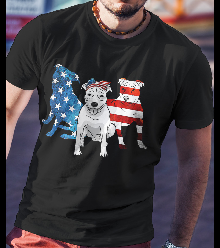 American Pitbull Trio With US Flag T-Shirt