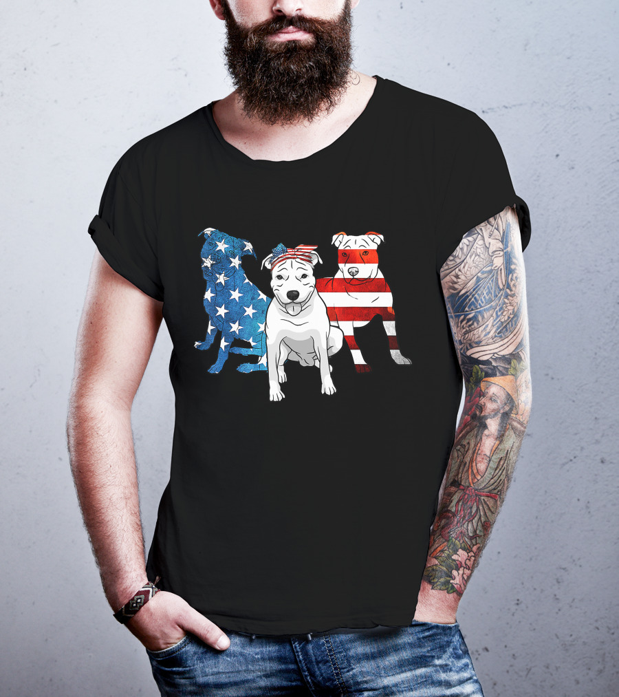 American Pitbull Trio With US Flag T-Shirt
