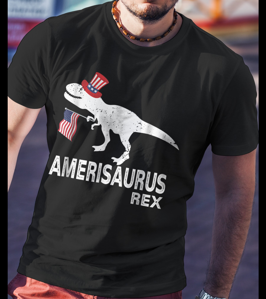Amerisaurus Rex Patriotic Dinosaur With Uncle Sam Hat And American Flag T-Shirt