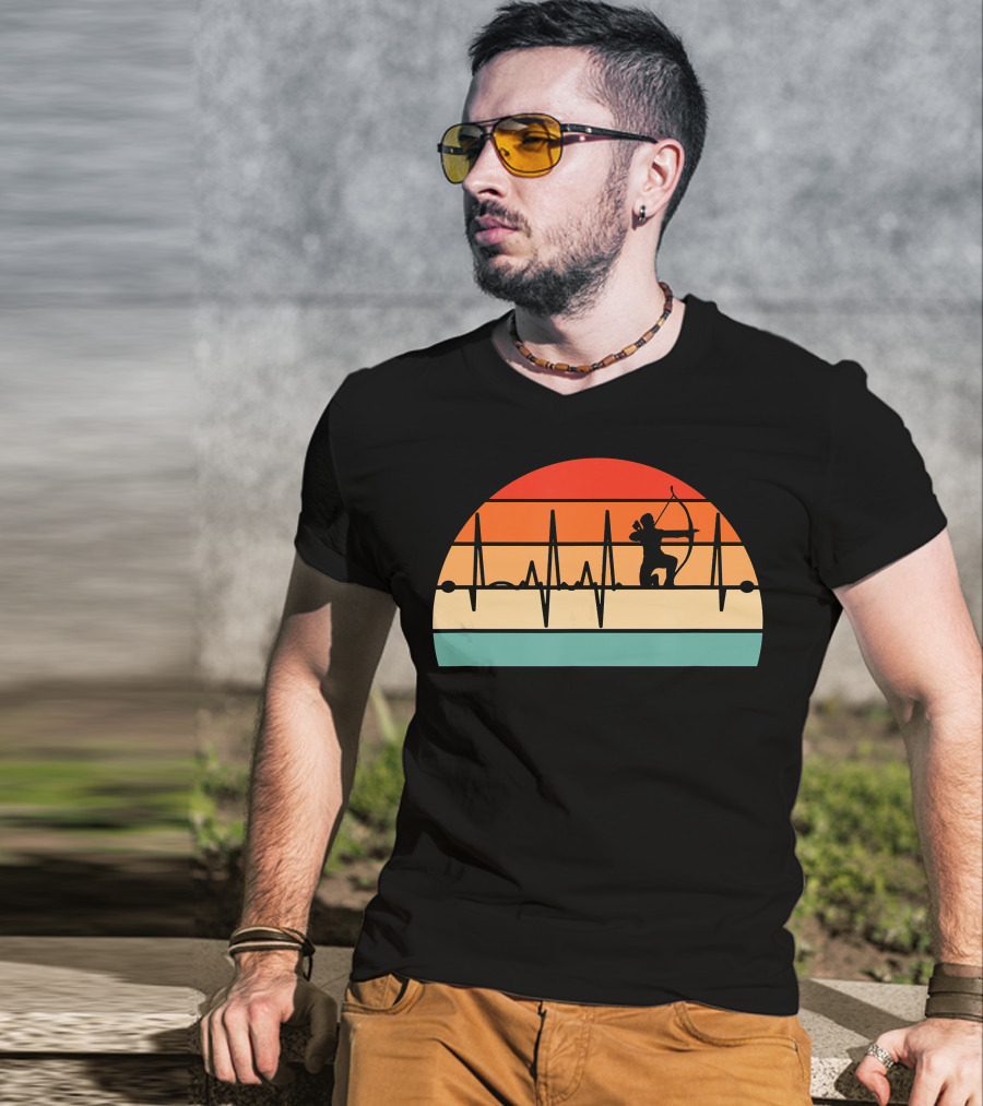 Archery Heartbeat Sunset Kneeling Archer T-Shirt