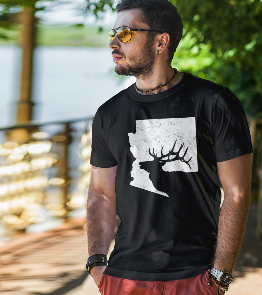 Arizona Elk Silhouette In Bull Hunting Motif T-Shirt