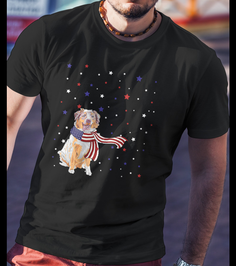 Australian Shepherd Dog With American Flag Scarf Surrounded By Stars T-Shirt