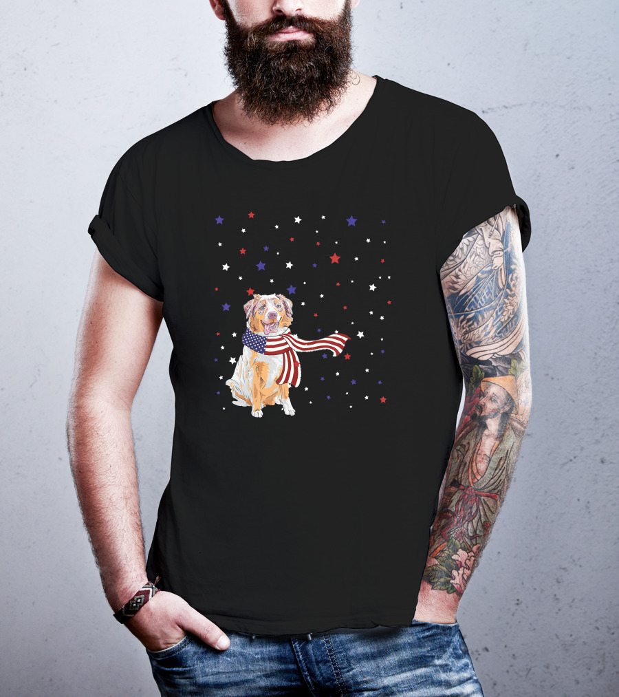 Australian Shepherd Dog With American Flag Scarf Surrounded By Stars T-Shirt