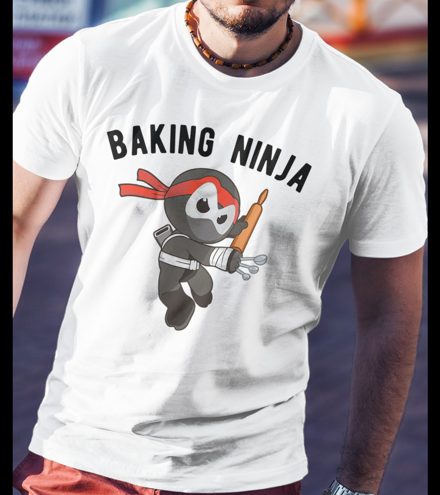 Baking Ninja Funny Ninjutsu Rolling Pin Warrior With Spoons And Red Headband T-Shirt