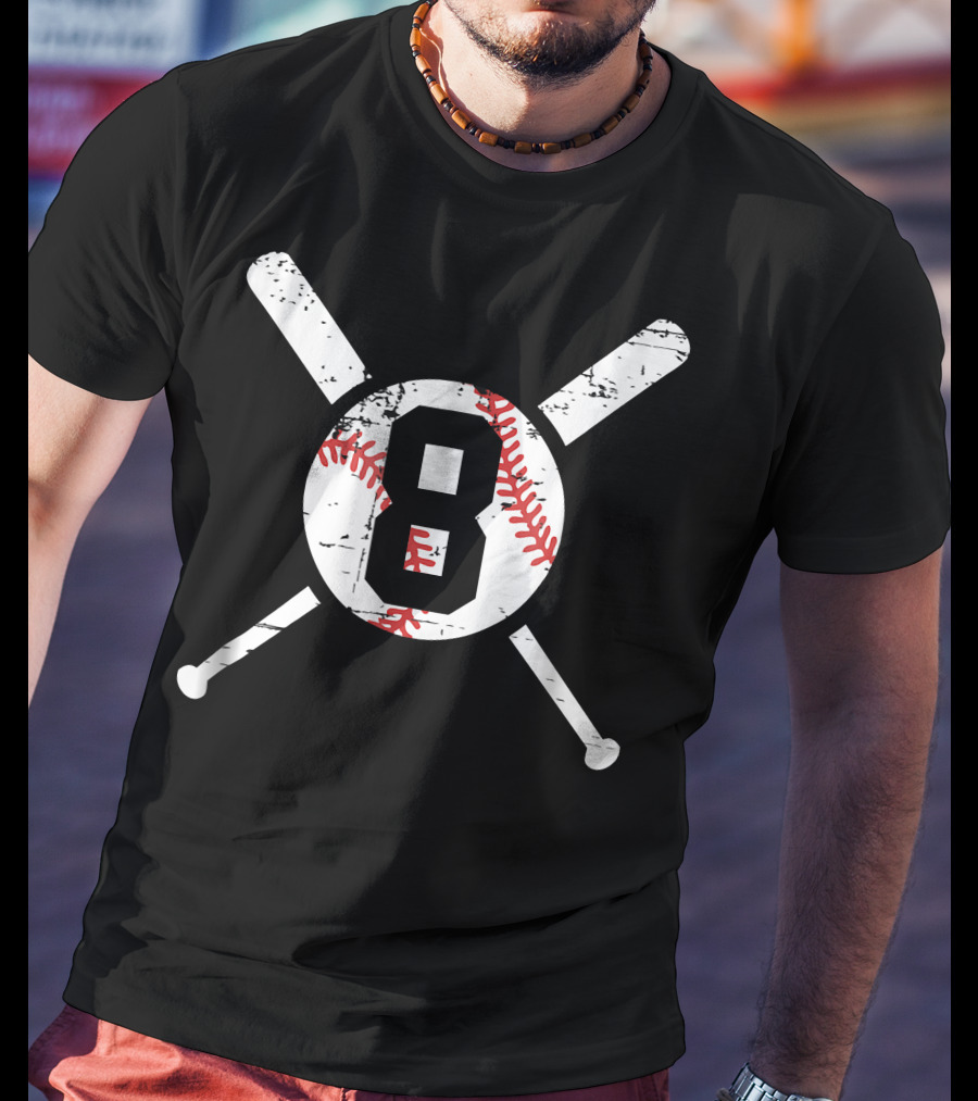 Baseball Number 8 Eight Distressed Crossed Bats T-Shirt
