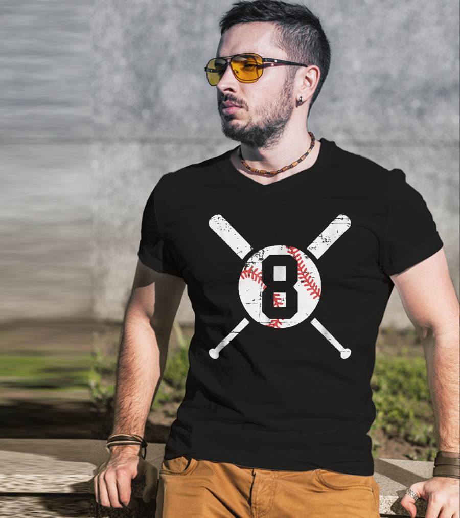 Baseball Number 8 Eight Distressed Crossed Bats T-Shirt