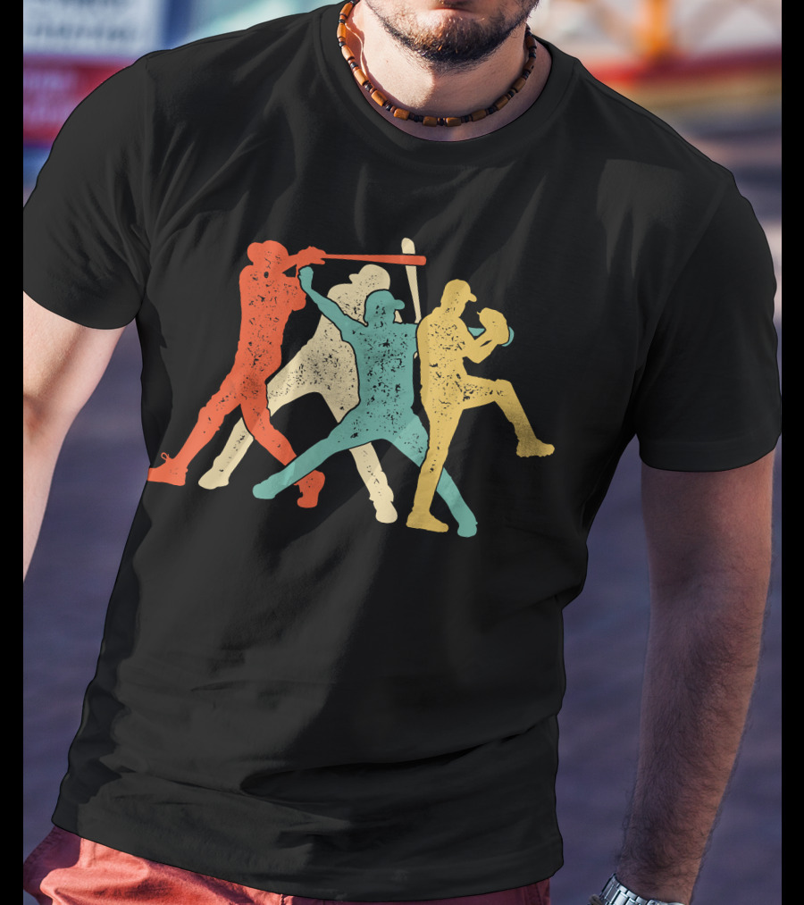 Baseball Retro Vintage Catch Player Silhouettes Batter Pitcher Action Runners T-Shirt
