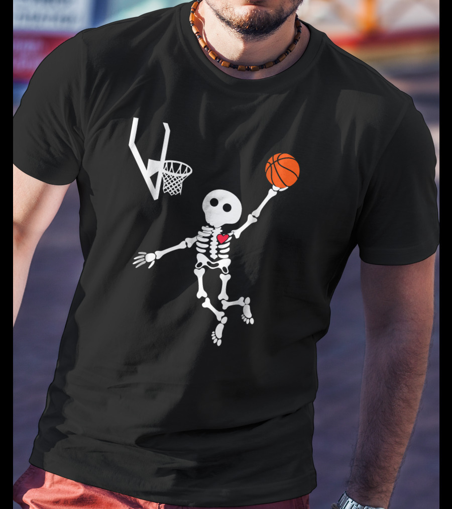 Basketball Skeleton Slam Dunk With Heart T-Shirt