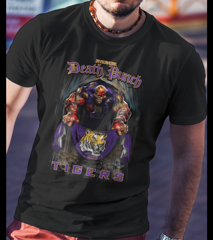 Five Finger Death Punch Lsu Tigers Skull Holding Banner T-Shirt