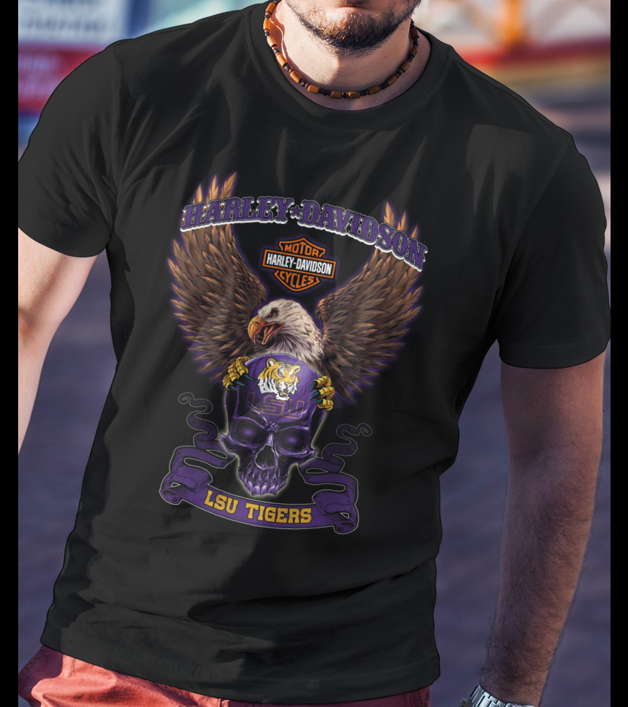 Harley Davidson Lsu Tigers Motor Cycles Eagle Skull T-Shirt