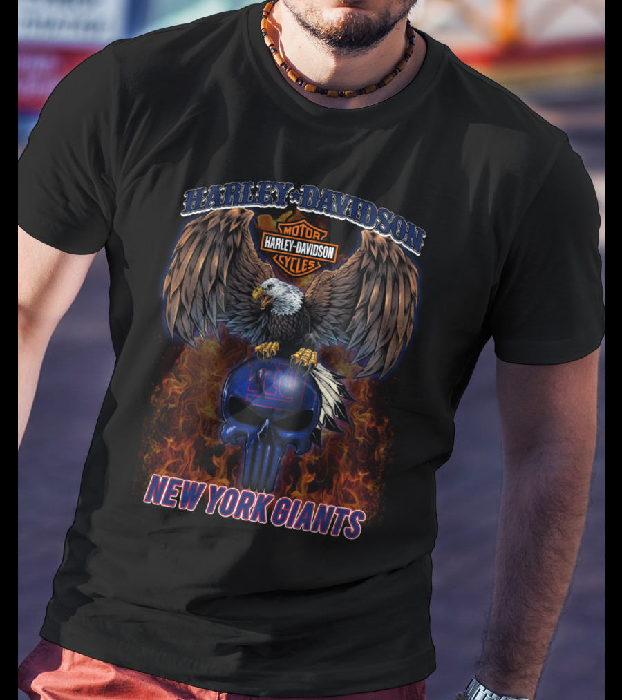 Harley Davidson New York Giants Eagle Motorcycle Skull T-Shirt
