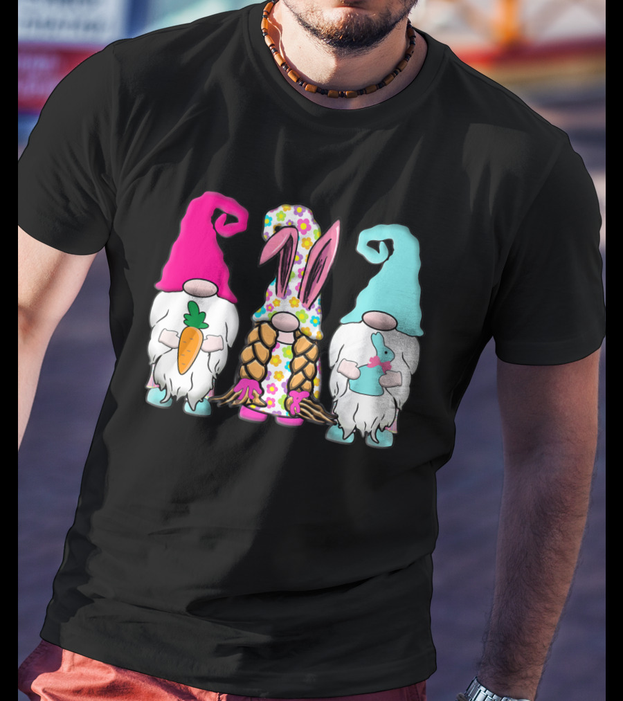 3 Easter Gnomes Pastel Spring Bunny Ears Rabbit Carrot Floral T-Shirt