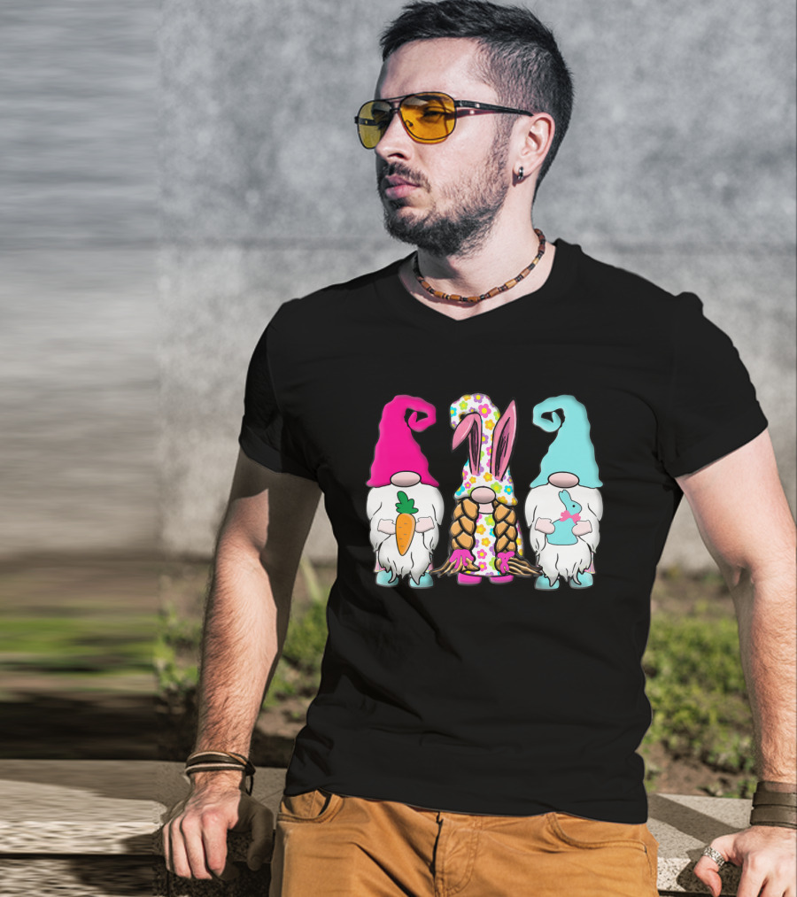 3 Easter Gnomes Pastel Spring Bunny Ears Rabbit Carrot Floral T-Shirt
