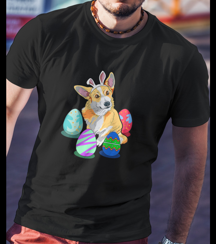 Corgi With Bunny Ears Surrounded By Colorful Easter Eggs T-Shirt