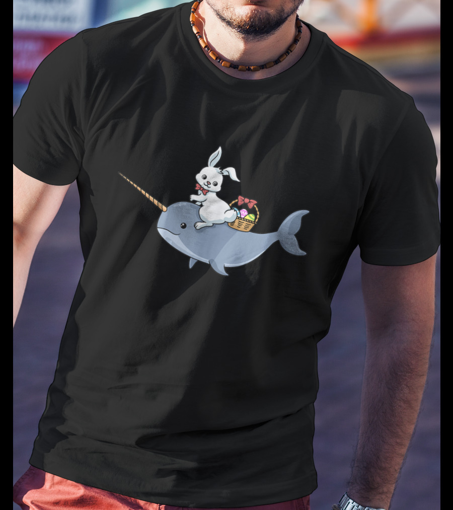 Easter Bunny Rabbit Riding Narwhal With Egg Basket T-Shirt