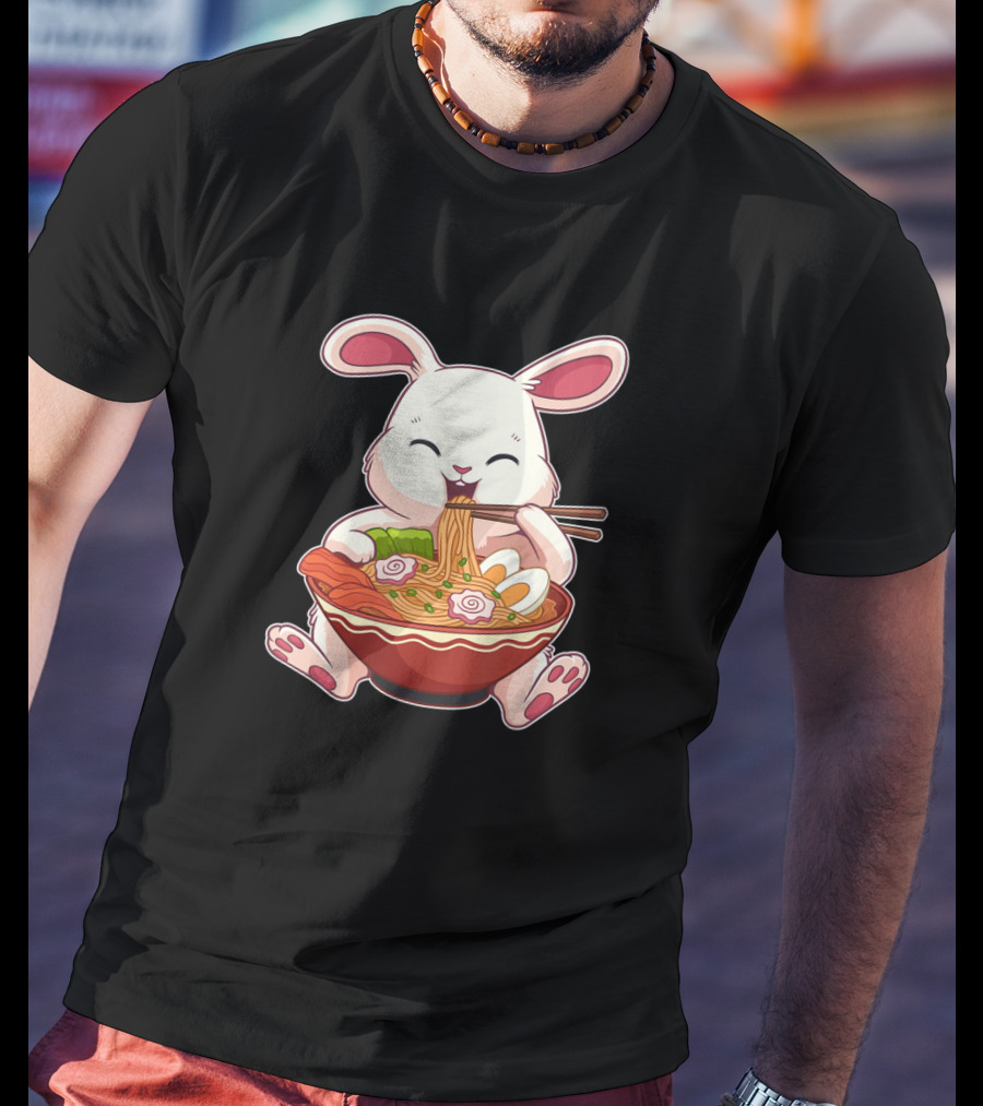 Kawaii Japanese Easter Bunny Eating Ramen Noodles With Egg T-Shirt