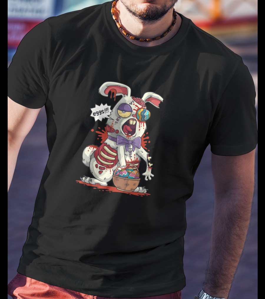 Kawaii Zombie Easter Bunny With Eggs Basket And Purple Bow In Colorful Easter Egg Hunt T-Shirt