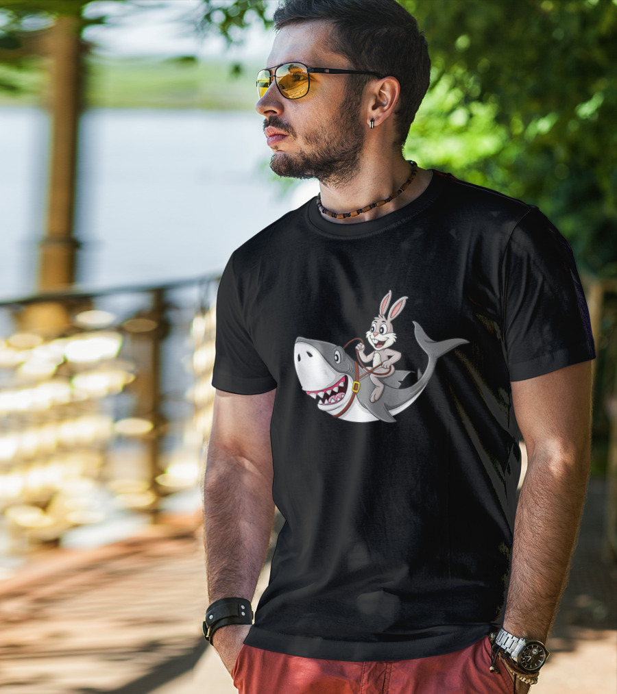 Rabbit Riding Shark Cartoon Easter Humor T-Shirt