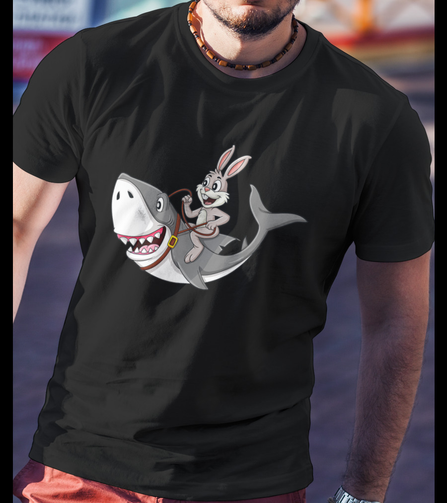 Rabbit Riding Shark Cartoon Easter Humor T-Shirt