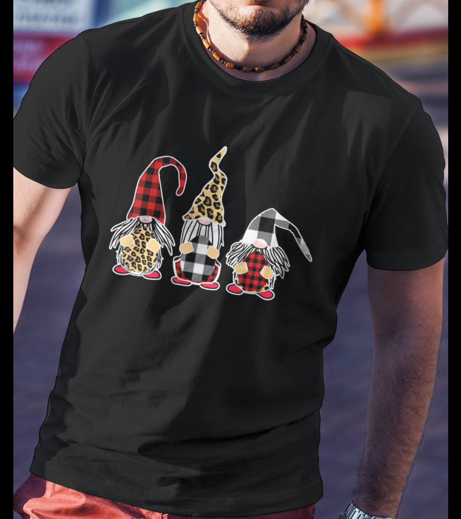 Three Gnomes Holding Patterned Easter Eggs Leopard Plaid T-Shirt