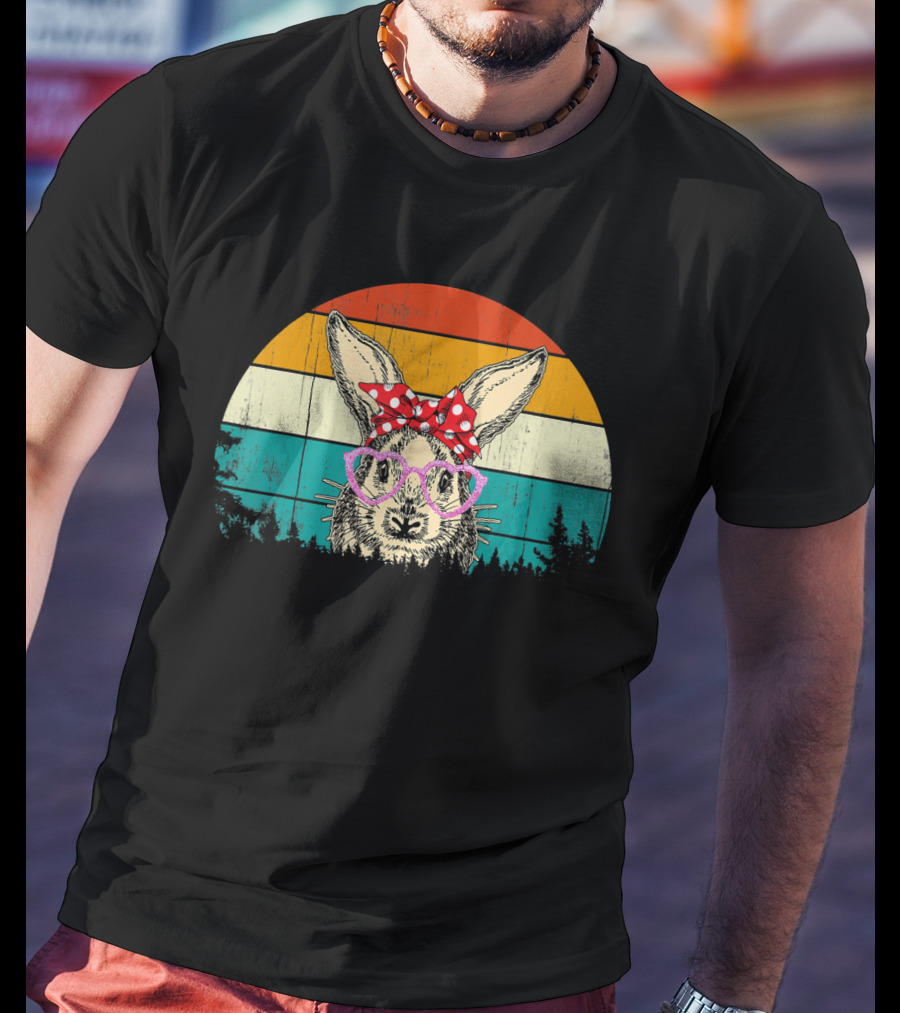 Vintage Bunny Rabbit Pink Glasses Hipster Easter Retro Sunset Bow Tie T-Shirt