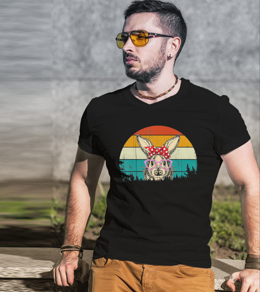 Vintage Bunny Rabbit Pink Glasses Hipster Easter Retro Sunset Bow Tie T-Shirt