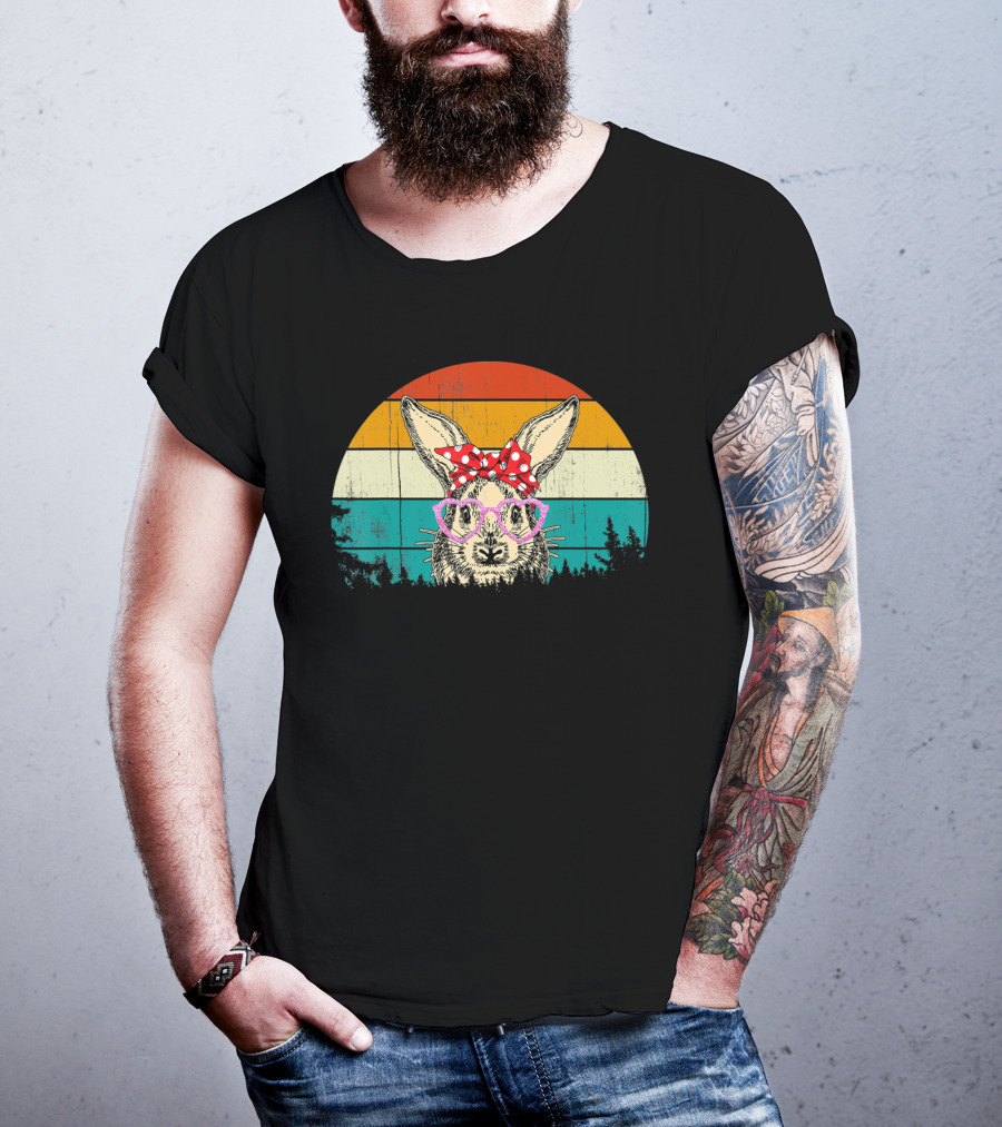 Vintage Bunny Rabbit Pink Glasses Hipster Easter Retro Sunset Bow Tie T-Shirt