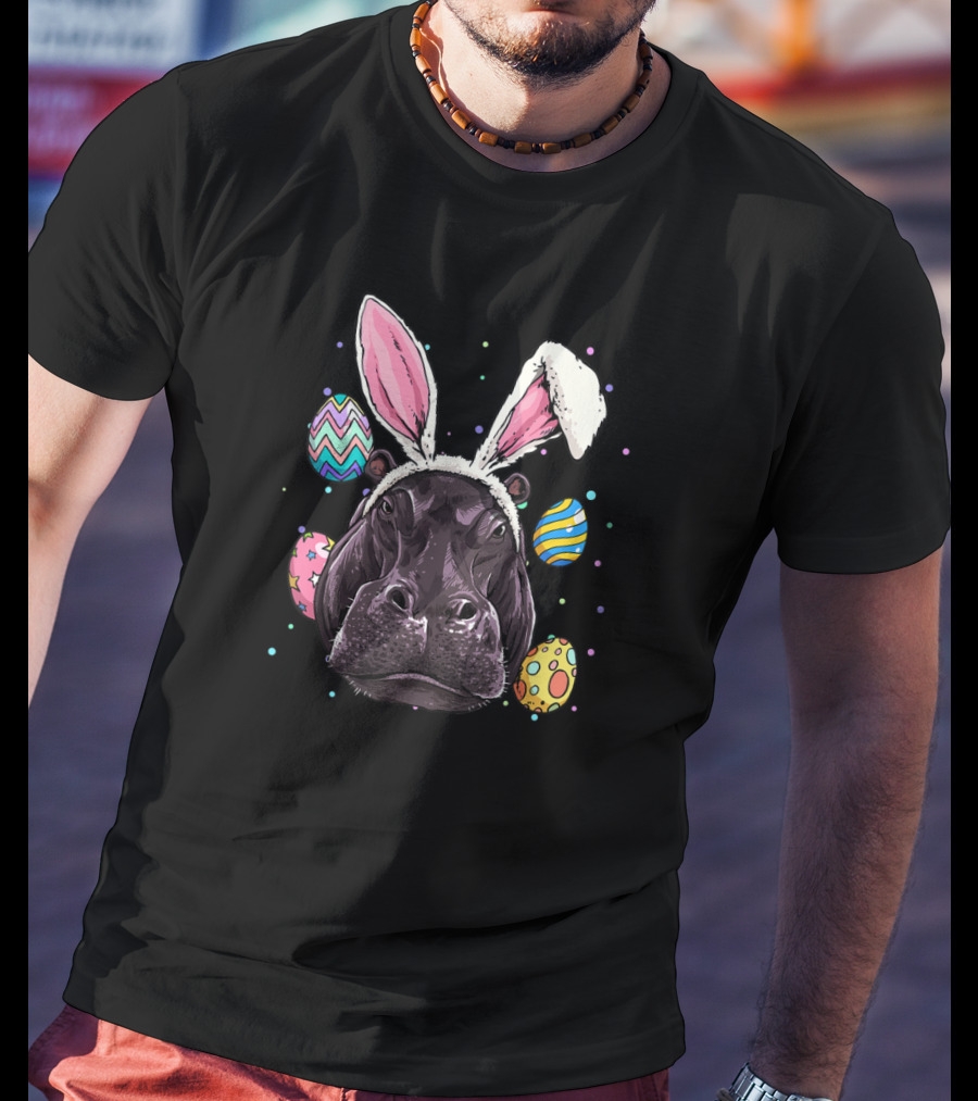 Easter Bunny Hippo With Colorful Eggs And Bunny Ears Fun T-Shirt