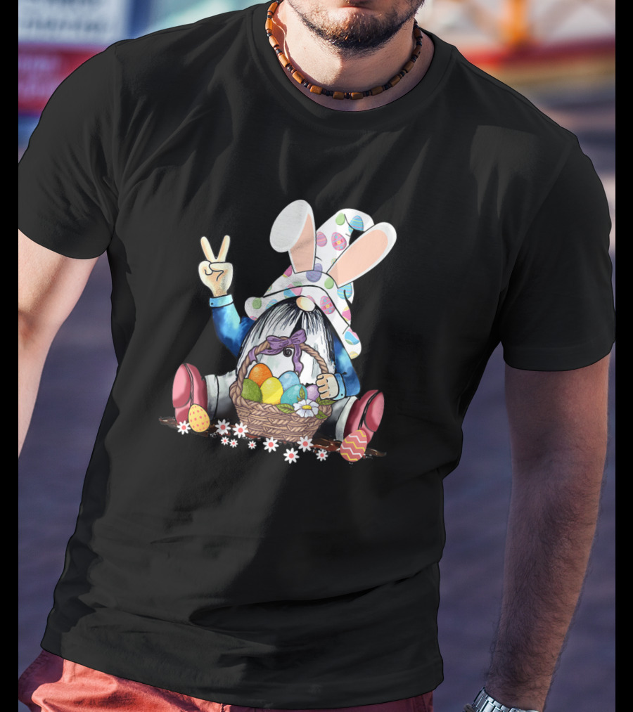 Funny Easter Hippie Gnome With Eggs And Peace Sign T-Shirt