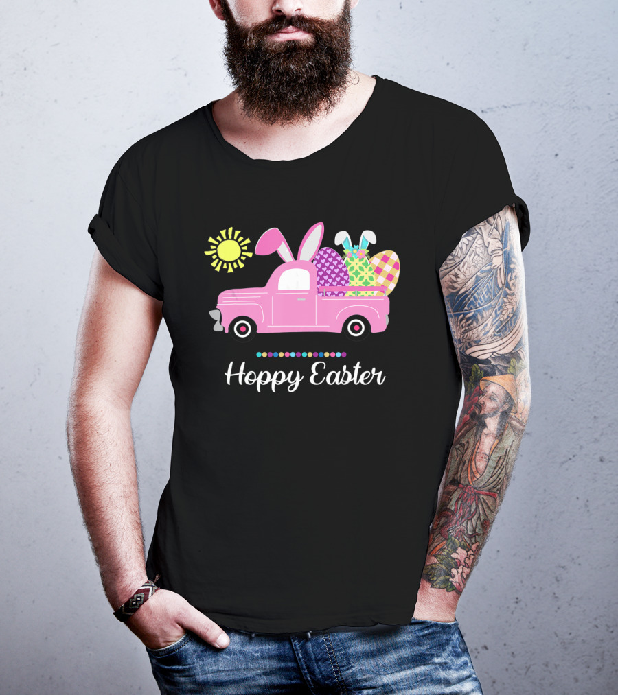 Hoppy Easter Bunny Truck With Eggs And Sun Spring Pun T-Shirt