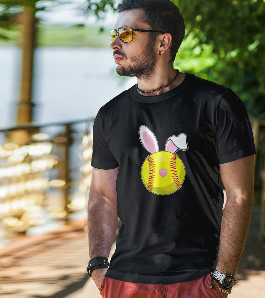 Softball Easter Bunny Rabbit Ears Sports Ball T-Shirt