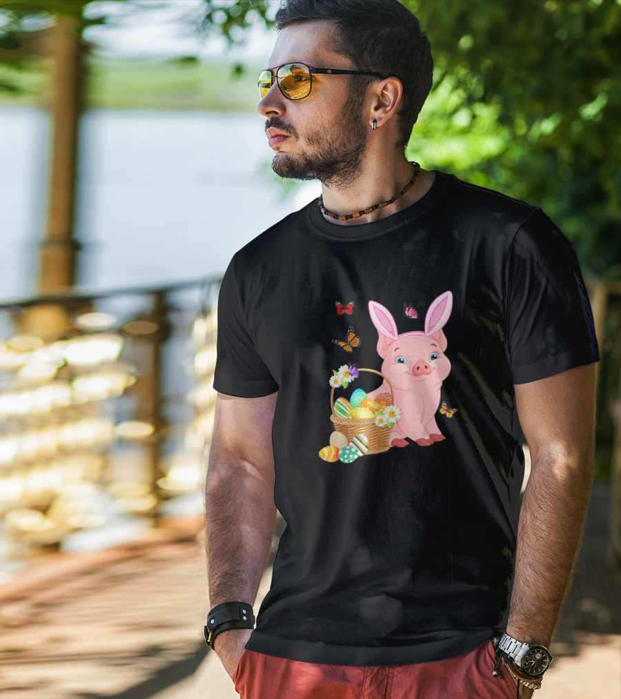 Pig Wearing Bunny Ears With Easter Egg Basket And Butterflies T-Shirt