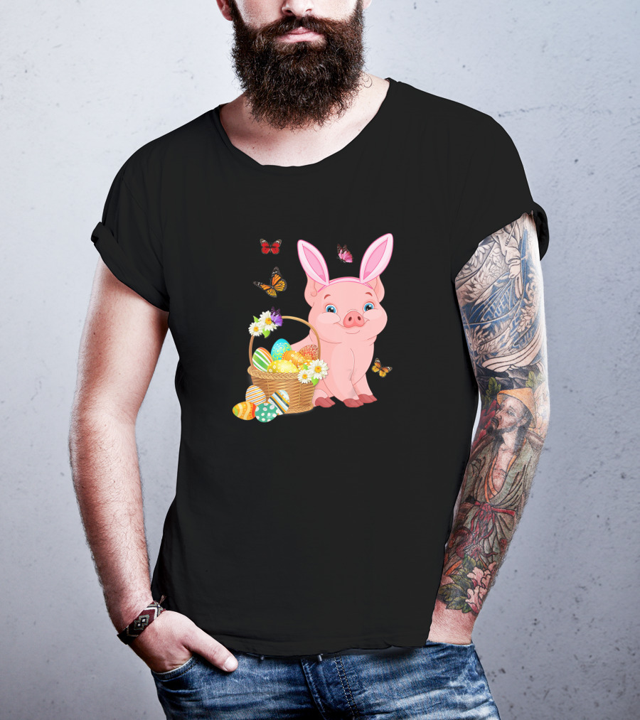 Pig Wearing Bunny Ears With Easter Egg Basket And Butterflies T-Shirt