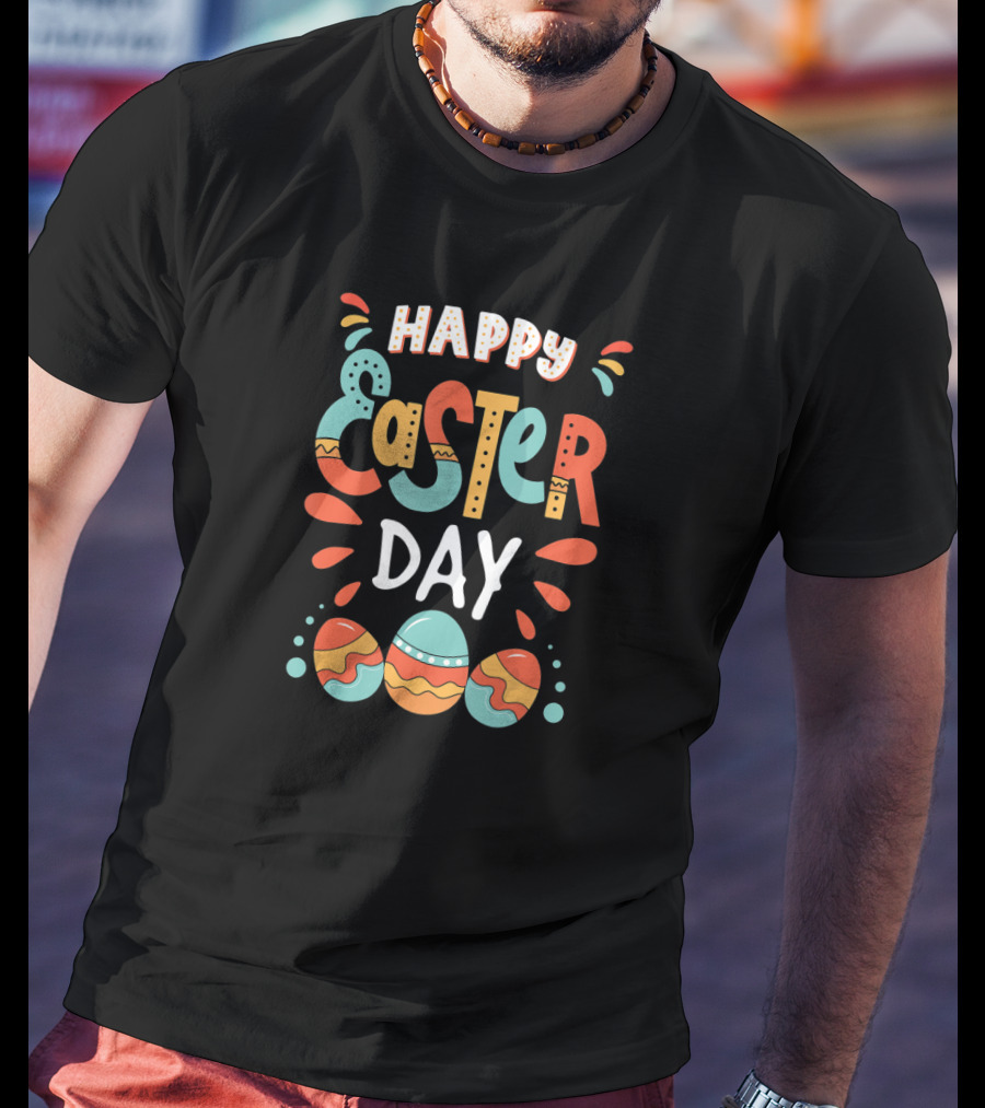 Happy Easter Day Colorful Eggs And Cute Bunny Details T-Shirt