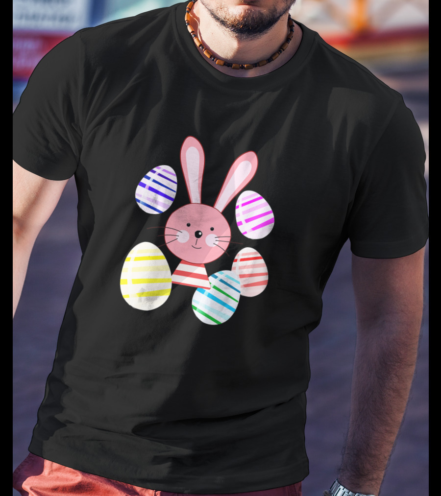 Happy Easter Bunny And Colorful Striped Easter Eggs T-Shirt