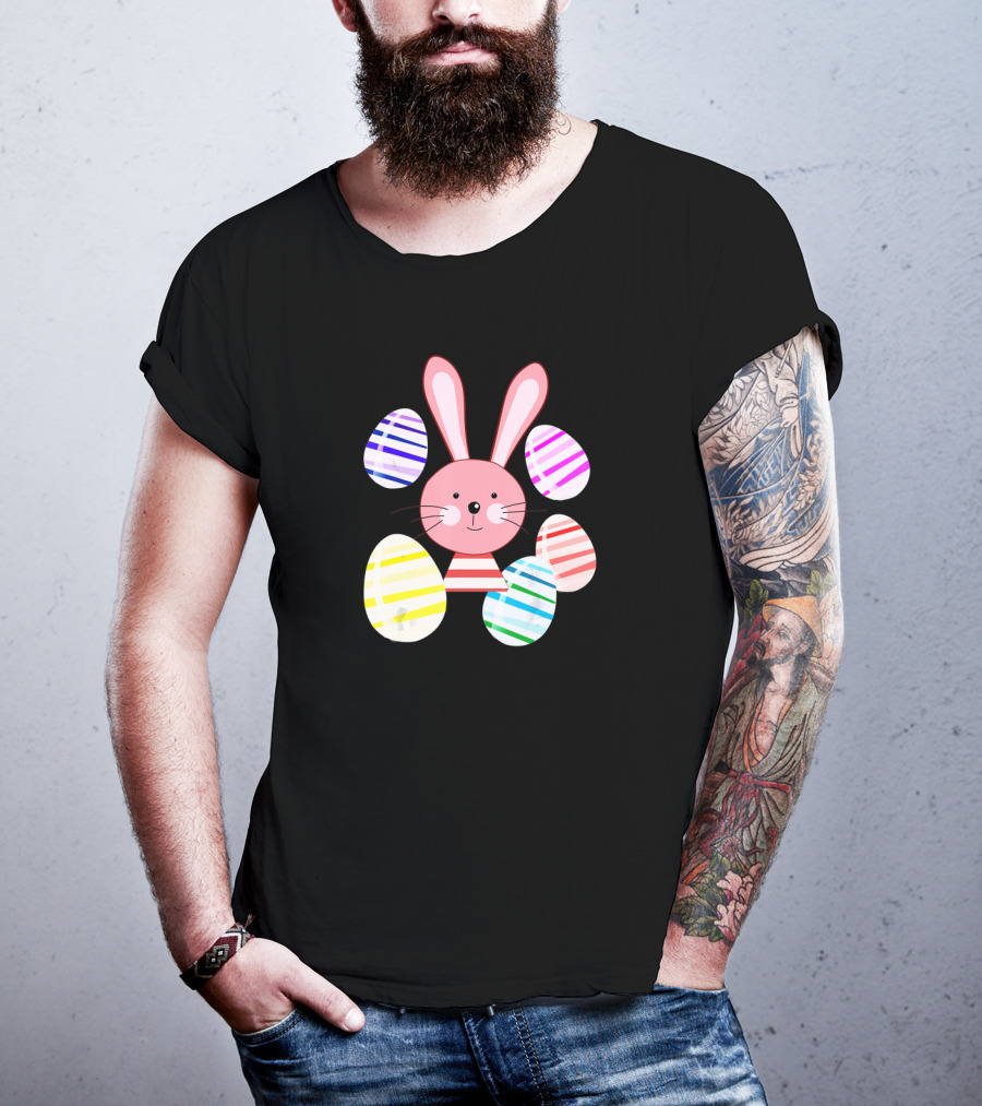 Happy Easter Bunny And Colorful Striped Easter Eggs T-Shirt