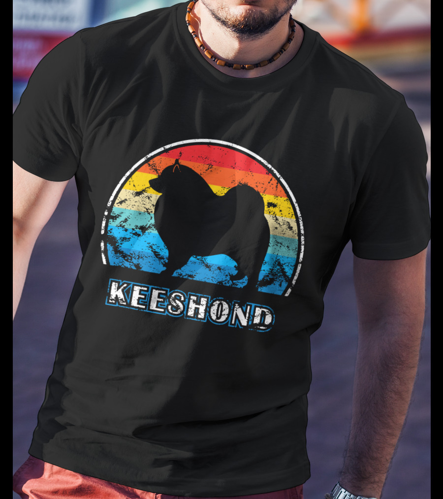 Keeshond Retro Silhouette Rainbow Stripes T-Shirt