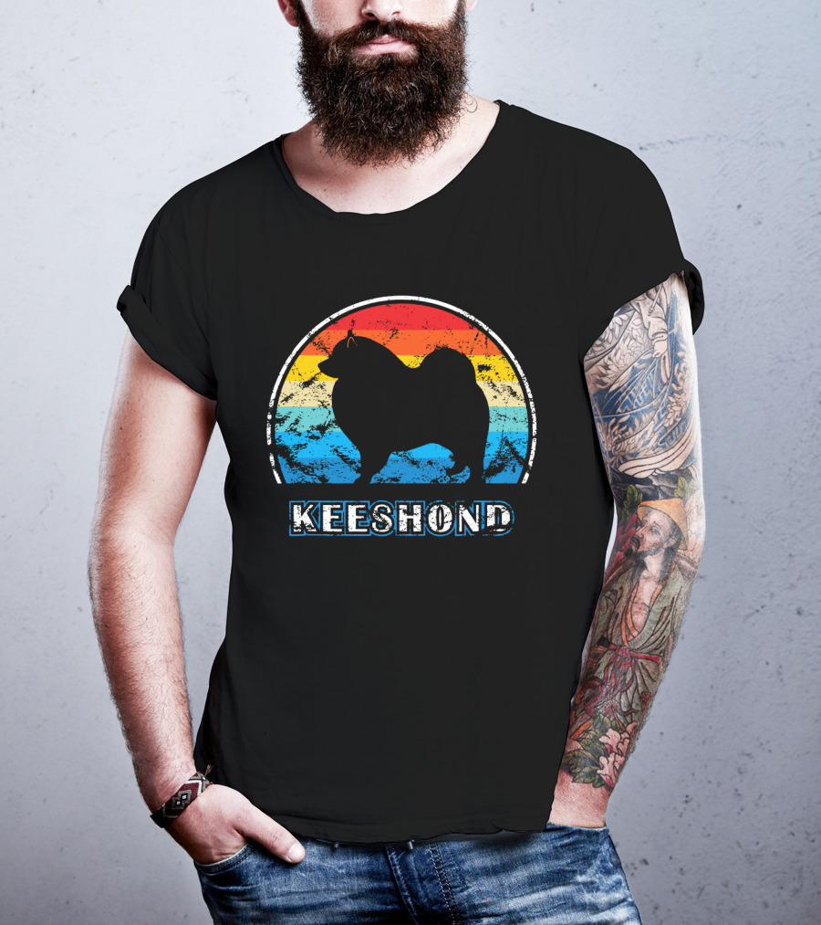 Keeshond Retro Silhouette Rainbow Stripes T-Shirt