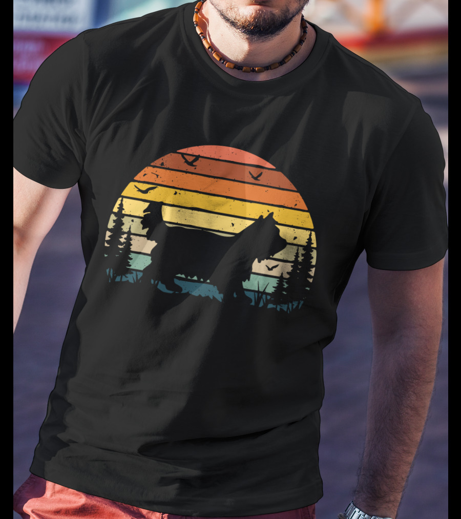 Yorkipoo Vintage Retro Sunset Silhouette With Birds And Trees T-Shirt