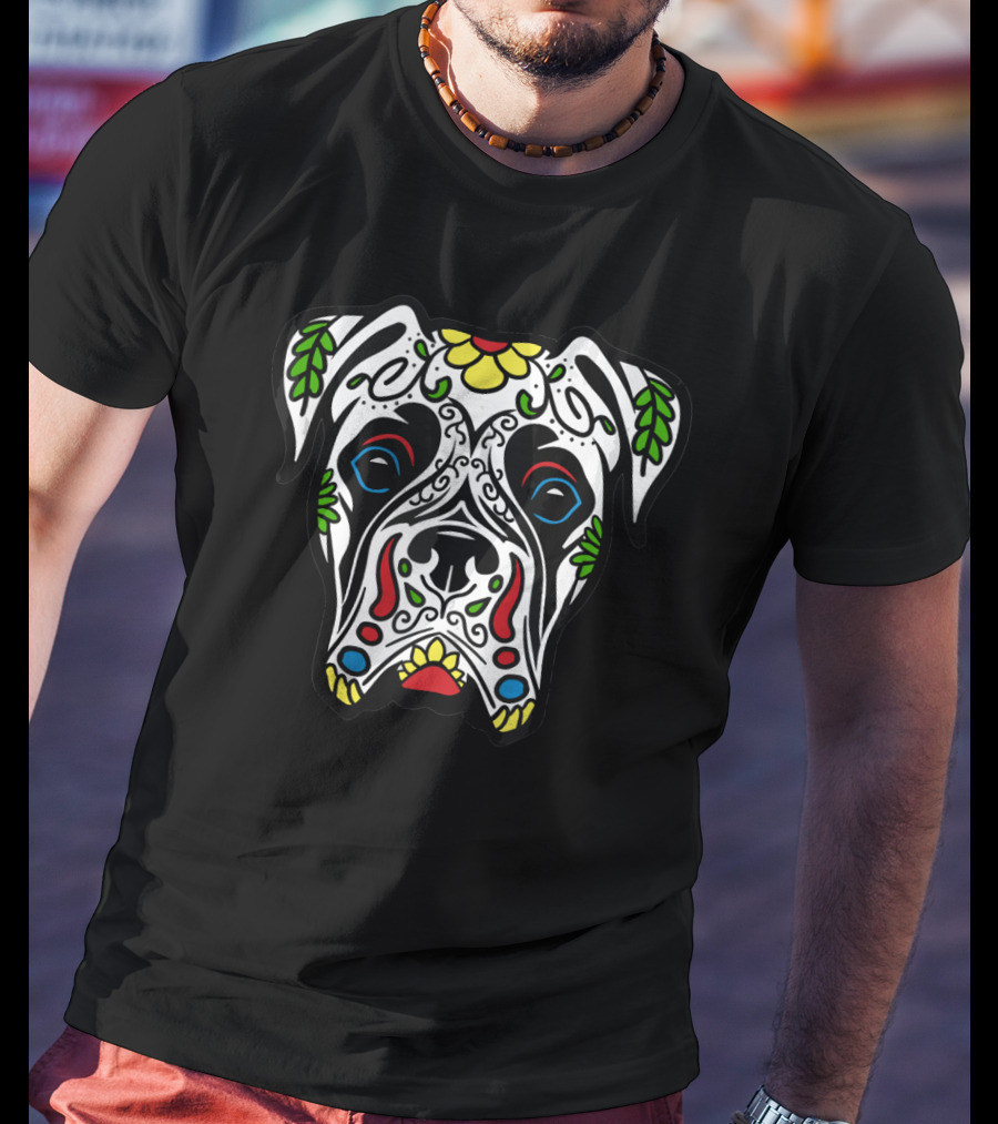 Boxer Sugar Skull Dog Design White Day Of The Dead T-Shirt