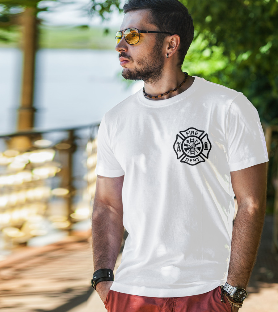 Firefighter Red Thin Line Fire Dept Maltese Cross Emblem T-Shirt