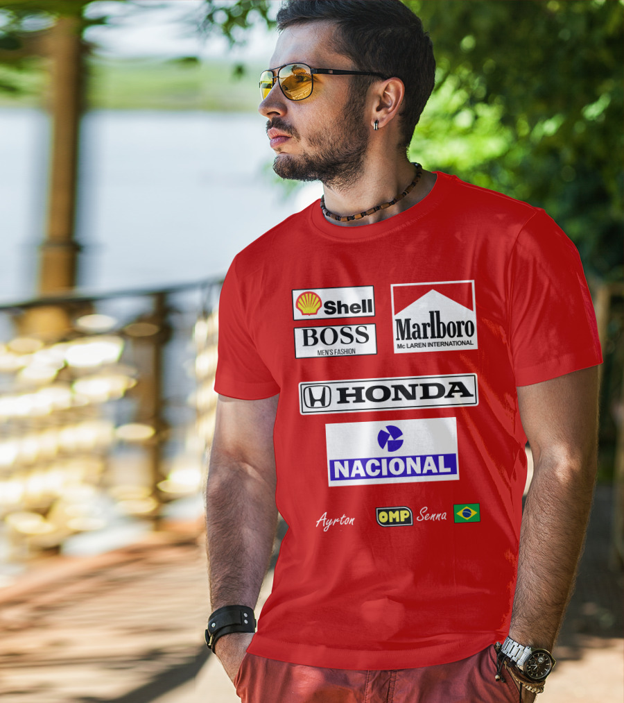 Shell Boss Marlboro McLaren Honda Nacional Ayrton Senna OMP Brazil Flag T-Shirt