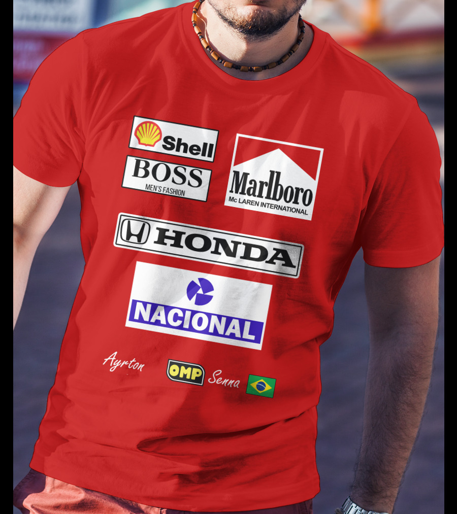 Shell Boss Marlboro McLaren Honda Nacional Ayrton Senna OMP Brazil Flag T-Shirt