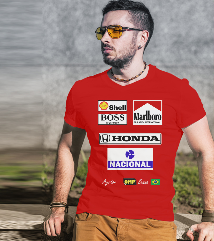 Shell Boss Marlboro McLaren Honda Nacional Ayrton Senna OMP Brazil Flag T-Shirt