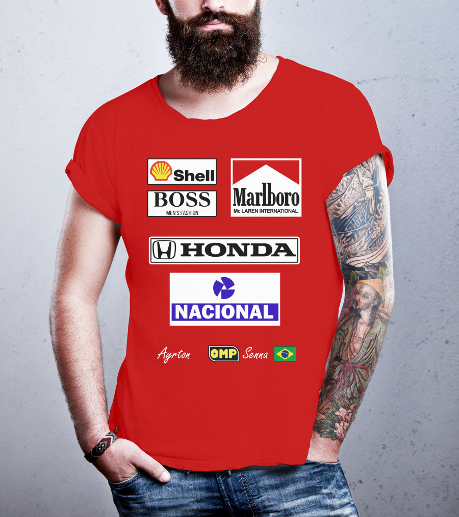 Shell Boss Marlboro McLaren Honda Nacional Ayrton Senna OMP Brazil Flag T-Shirt