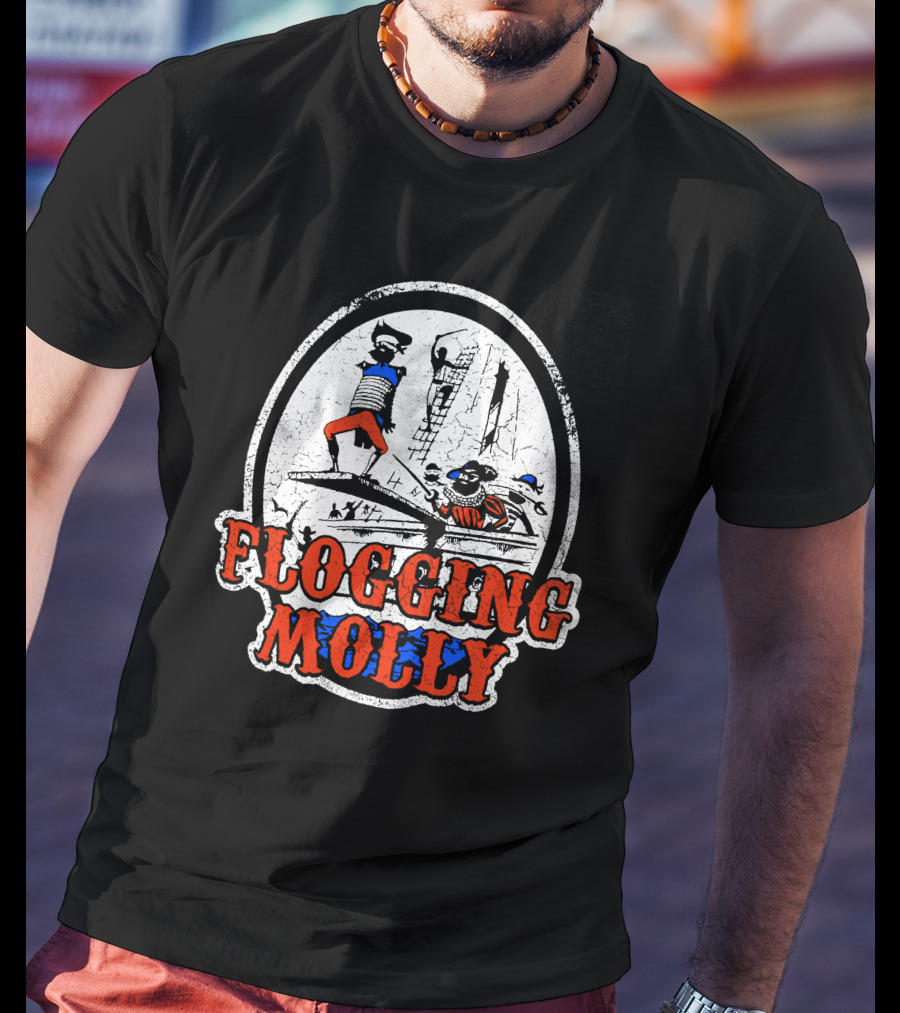 FLOGGING MOLLY Walk The Plank Pirate 7 Distressed Red And Blue T-Shirt