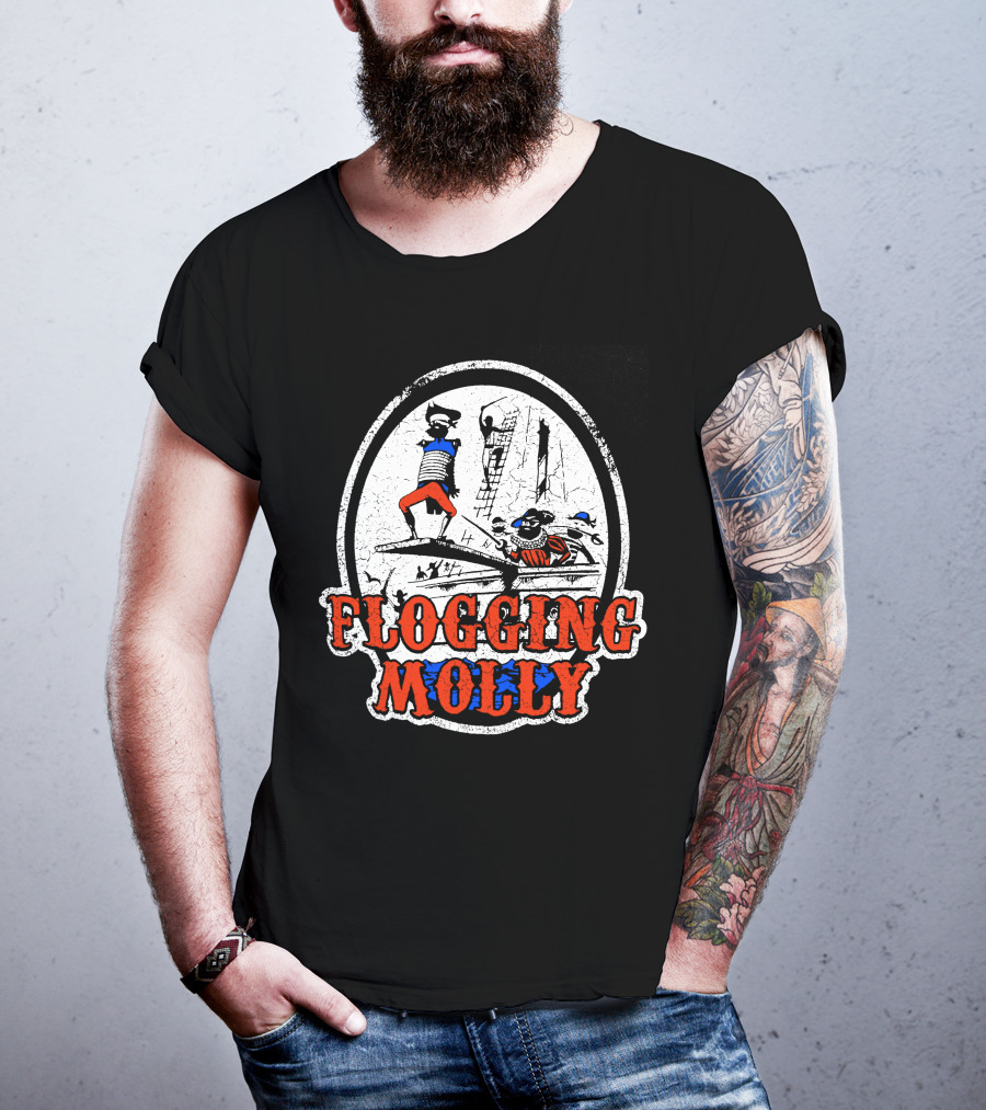 FLOGGING MOLLY Walk The Plank Pirate 7 Distressed Red And Blue T-Shirt