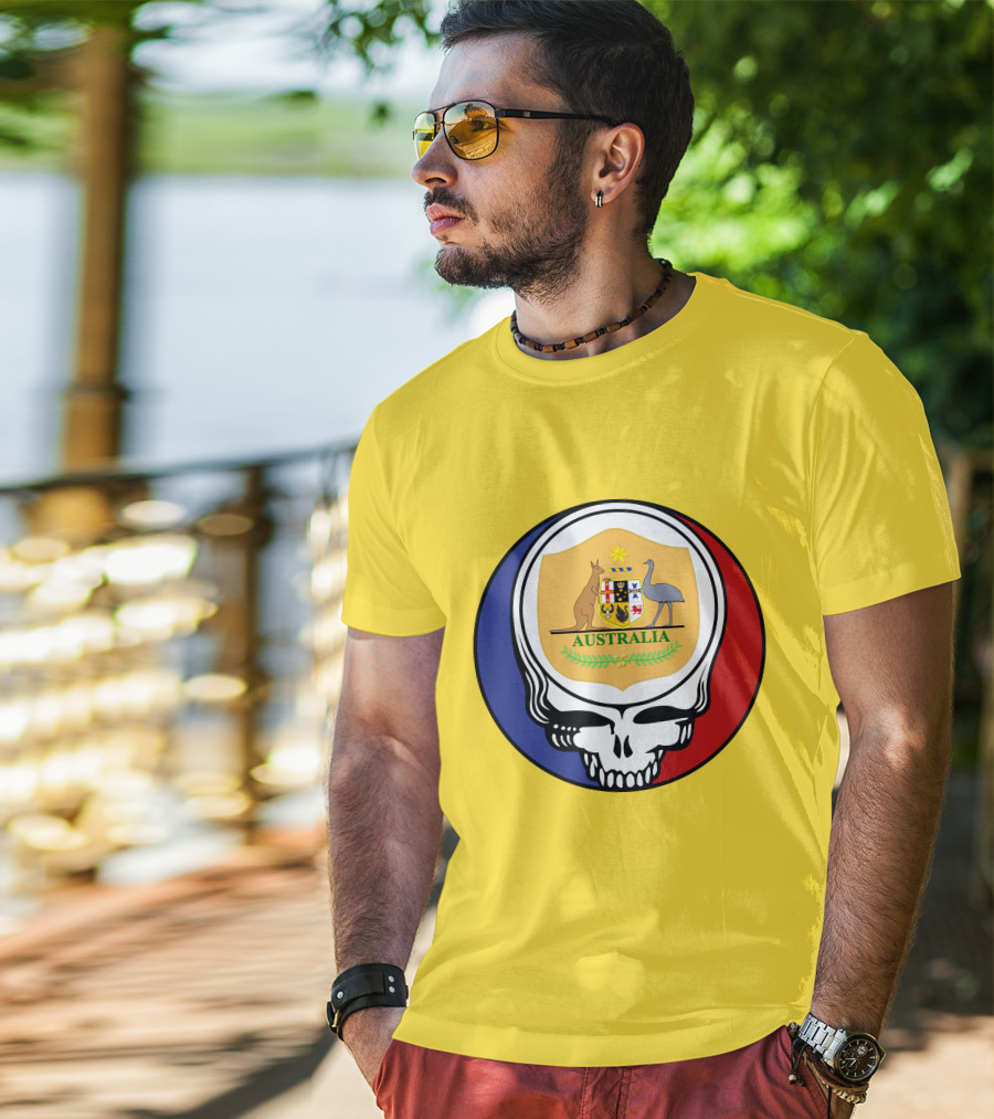 Australia National Football Team Grateful Dead Skull Emblem With Kangaroo And Emu Crest T-Shirt
