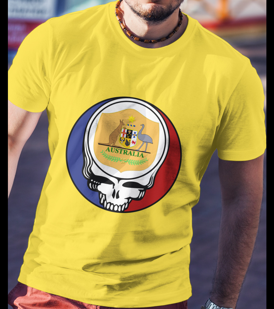 Australia National Football Team Grateful Dead Skull Emblem With Kangaroo And Emu Crest T-Shirt